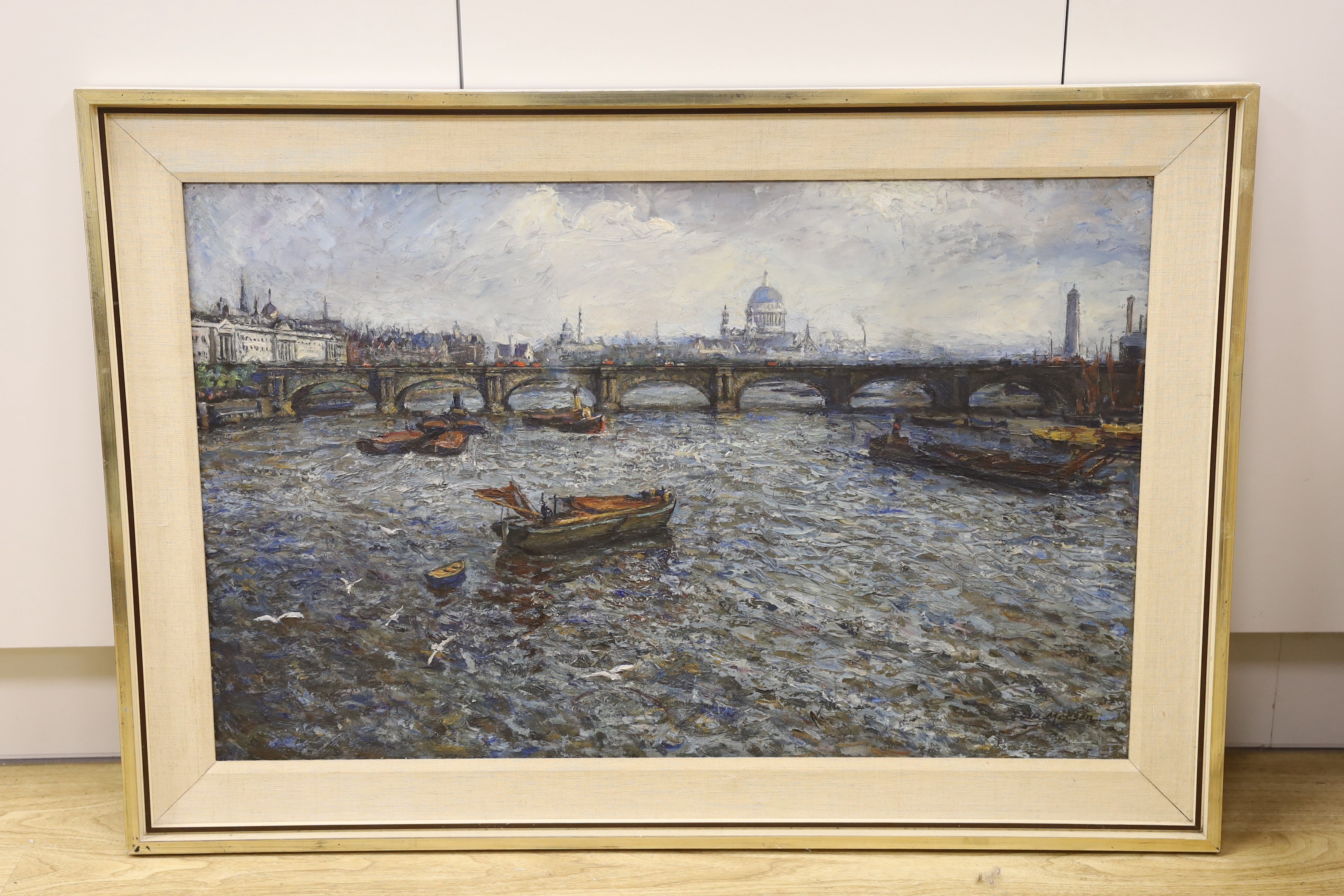 Boyd Merson, oil on canvas, View along The Thames with St Paul's in the distance, signed, 51 x 80cm